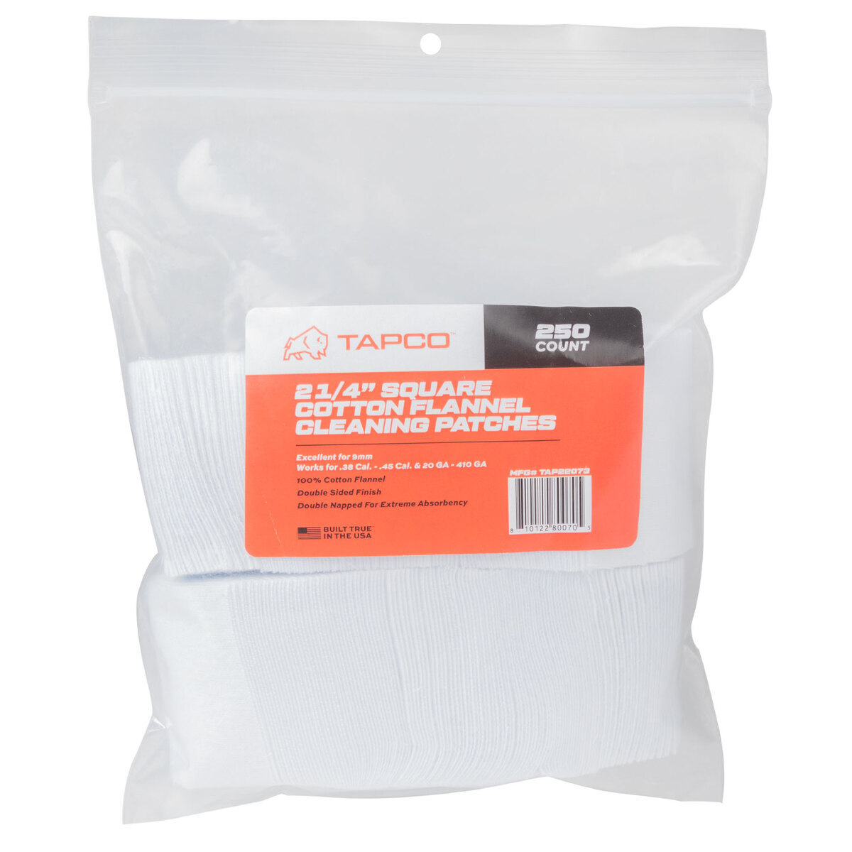 TAPCO 2-1/4in Square Patches 0.38 Cal - .45 Cal/.20 GA to 410 GA - 250 Count TAPCO 2-1/4in Square Patches 0.38 Cal - .45 Cal/.20 GA to 410 GA - 250 Count